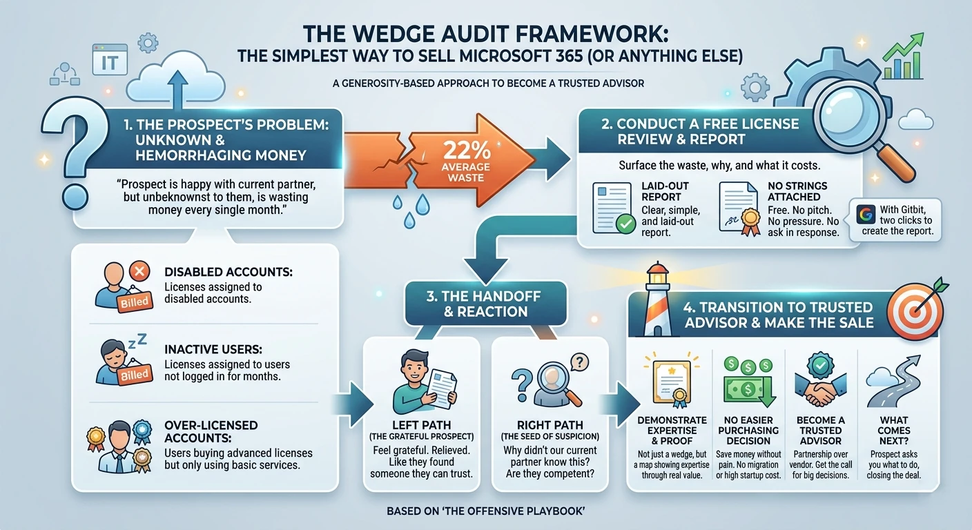Diagram of the Wedge Audit Framework that shows 1. The problem is the client is hemorrhaging money; 2. Conduct a free license review; 3. Share the report and let the prospect react; 4. Transition to trusted advisor & close the deal;